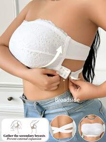 1pc Plus Size Women Casual & Comfortable Minimalist Lace Patchwork Wireless Bra, Knit Fabric - White - View 3