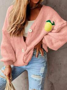 Damen Loose V-Ausschnitt Strickjacke, Zitronen Muster Design, weiches und warmes Material, modische Laternärmel Langarm Strickjacke, Polyester, gerippter Knopfverschluss Pullover - Essentiell für Herbst/Winter und Neujahr Rosa - Pink - Übersicht 8
