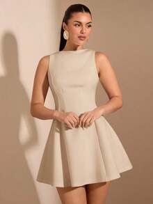 Vestido elegante de unicolor sin mangas con dobladillo con volantes y cintura elástica para citas en otoño para mujer - Albaricoque - Ver 1