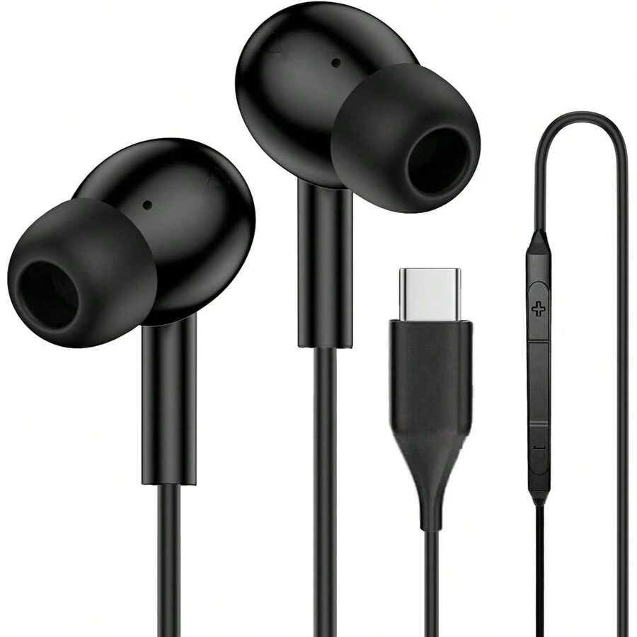 USB-C 有线耳机,HiFi 立体声 Type-C 耳机,带麦克风,降噪设计,兼容三星 Galaxy S25/S24/S23,柔软硅胶材质,防缠绕编织线,符合人体工学,通话清晰,哑光黑 - 查看 1