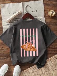 Tween Girls' Casual Funny Print Crew Neck Short Sleeve T-Shirt, Summer Top - Dark Grey - View 2