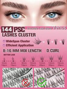 144pcs D-Curl Natural False Eyelashes Set, 8-16mm With 5-6mm Base, Fluffy Natural Lash Clusters, D-Curl Wide DIY Eyelash Extension Kit, Invisible Thin Lashes Included - D - View 3