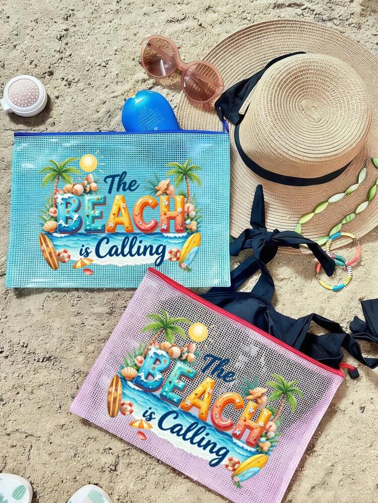 印有“BEACH”字样的便携式化妆包 | 化妆包 | 旅行包 | 女孩大号条纹化妆包 | 可爱收纳包 - 彩色 - 查看 7