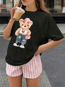 1 Pack Girls Casual Printed Crew Neck Short Sleeve T-Shirt Summer Student Youth Clothing - Đen 4 - Xem 2