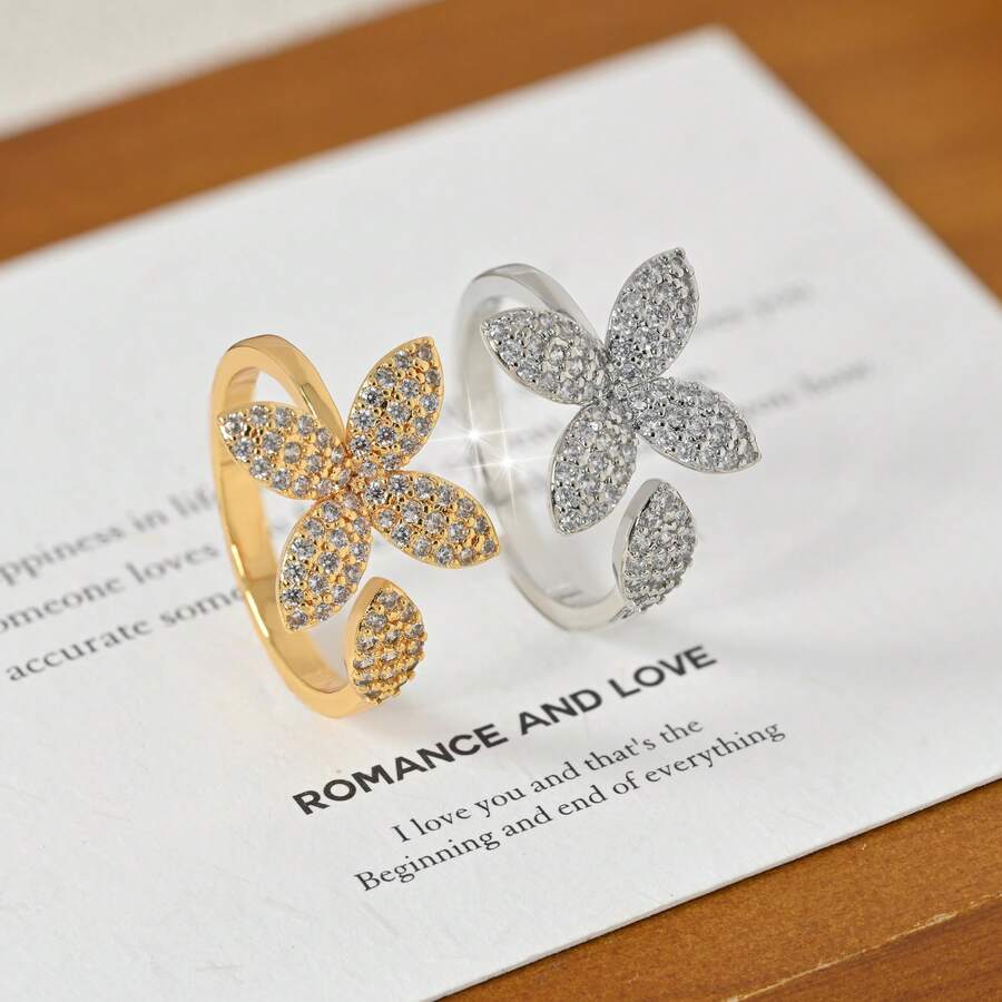 1pc Elegant Full Sparkling Cubic Zirconia Four-Leaf Clover /Flower Design Adjustable Opening Ring For Women,18K Gold Plated/Platinum Plated Statement Women's Ring.Suitable For Daily Wear, Dating, Parties, And Other Occasions, Or As A Gift For Holidays. - Four Leaf Clover - View 1