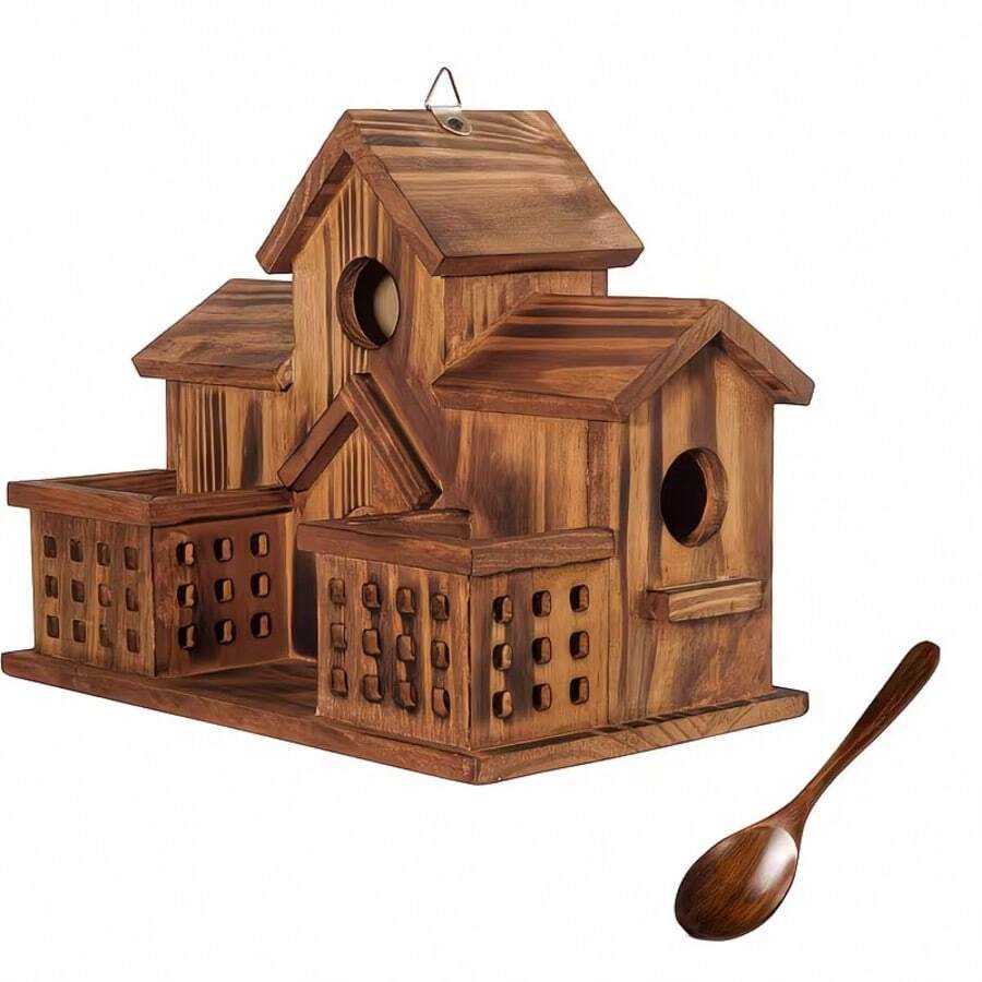 Natural Wood Bird House With Feeder Spoon & Hanging Nest Box Suitable For Hummingbirds, Bluebirds, Sparrows - Compact Outdoor Bird Shelter For,, Balcony - Suitable For Red Sparrows And Hummingbird Feeders - Tree - View 1