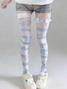 1双夏季日系亚文化甜美可爱白色长筒袜，卡通动漫印花过膝/及膝天鹅绒袜，软妹萝莉角色扮演紧身裤 - 彩色 - 查看 2