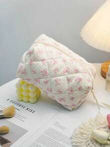 Cute Bow Make Up Bag Cute Bow Knot Pattern Toiletries Bag Travel Make Organizer Zipper Pouch, Quilted Cosmetics Bag, Stylish Foldable Commuter Makeup Bag For Brushes Aesthetic Cosmetic Bag For Gift, Friend, Girls, Student Quilted Floral Flower Zippered Makeup Bag Cute Floral Cosmetic Bag With Zipper Gift Storage Jewelry Organizer Box Bathroom Set Valentines Back To School Supplies - Pink - View 5