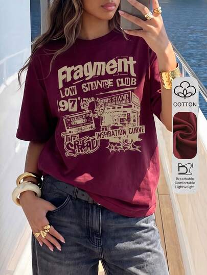 Vintage American Street Collage Style Graphic Women Short Sleeve T-Shirt, Casual Loose Fit, Summer