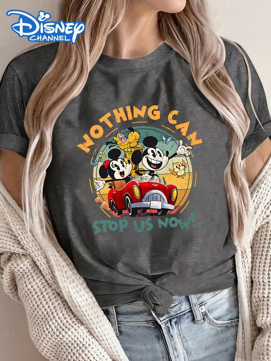 Disney License T Shirts, Disney Mickey Mouse And Friends Nothing Can Stop Us Now Retro Print T-Shirt, Vintage Mickey Minnie Road Trip Graphic Tee, Women's Casual Crew Neck Short Sleeve Tops For Daily Wear, Summer Casual Tops ,Camiseta, Summer Outfits For Women, Summer Clothes, Summer Tops, Tops For Women, Festival Outfits, Summer Tops For Women, Mother's Day, Mother's Day Clothing, Gifts For Family And Friends, Spring Outfits For Women, Officially Licensed Disney T-Shirts, Disney Men's And Women's Spring/Summer Fashion Casual Short-Sleeve T-Shirts - Grey - View 1