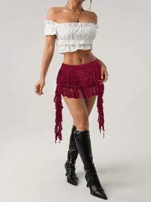 ICON Low Waist Casual Lace Wave-Trim Skirt With Safety Shorts To Prevent Exposure, For Vacation,Bohemian Clothes - 酒紅色 - 查看 5