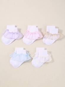 5 Pairs Random Color Baby Girl Socks, Lace Ruffle Design Infant Socks, Suitable For Newborn Toddler, Shower Decoration Gift - Multicolor - View 6