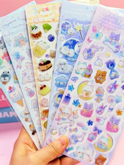 第二代植物绒系列熊猫和小猫3D/DIY贴纸，可爱卡通3D环氧树脂贴纸套装 | 适用于智能手机、笔记本、杯子、活页夹、手工奖励拼图日记本、书籍贴纸艺术装饰、铅笔盒、信封、礼品盒、相框 | 表面光滑，优质树脂，工艺贴纸，自粘贴纸，文具爱好者，DIY爱好者