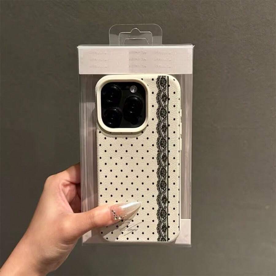 1pc Signature Lace Polka Dot Pattern Full Coverage TPU Shockproof Phone Case, Compatible With Apple 16, 15, 14, 13, 12, 11 Pro Max, And Series - Multicolor - View 1
