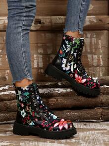 Girl's Fashionable Ankle Boots, Floral Lace-Up Unisex Ankle Boots, Combat Style Streetwear Boots - Black - View 4