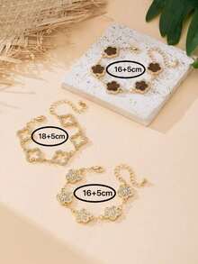 3pcs Luxurious High-End Clover Rhinestone Decor Bracelet Set, Brown & Gold, Elegant & Sweet Women Bracelet Set, Stackable/Versatile - 多色-1 - 查看 5