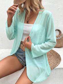 EARO Vacation Casual Solid Color Flare Sleeve Sheer Lightweight Jacket - Mint Blue - View 7