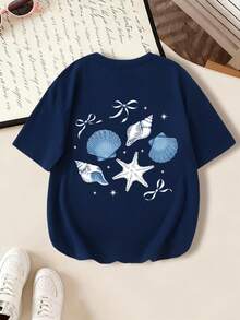 Girls' Loose Graphic T-Shirt, Hand-Painted Shell & Starfish Pattern, Bow Decor, Casual Oversized Fit, Suitable For Beach Vacation, Back To School, Summer Wear - Navy Blue - View 3