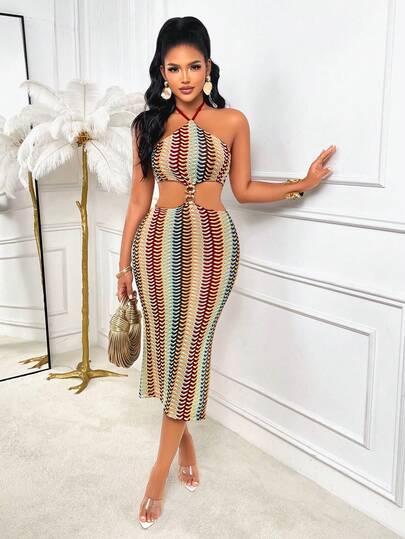 Amarilo Women's Elegant Sleeveless Halter Neck Fitted Long Dress, Made Of Knit Fabric With Gold Buttons, Back Slit Design And Pencil Skirt, Creating A Retro Sexy Style