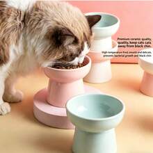 1pc Ceramic Raised Cat Bowl, Pet Bowl With Neck Support, Flat Rim Design To Prevent Vomiting And Chin Acne - 300ml - View 7