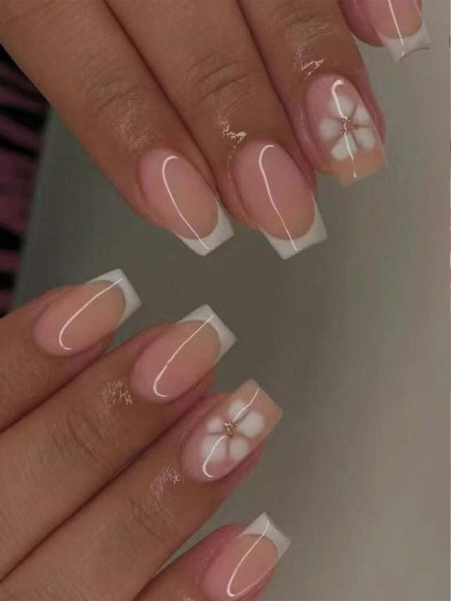 24pcs Square White Floral Acrylic Press-On Nails Set, Includes 1pc Jelly Gel And 1pc Nail File - Multicolor - View 1