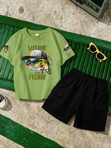 2 pièces/Set Tenue mode garçon à manches courtes, imprimé avec motif thème de pêche, col rond à manches courtes, ludique et convenant pour le port quotidien et les vêtements de sport - Multicolore - Voir 2