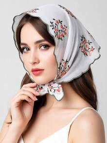 1pc Women's New Chinese Style Plum Blossom Embroidered Mesh Scarf, Vintage Lace Floral Trim Shawl, Versatile Headscarf - Multicolor - View 1