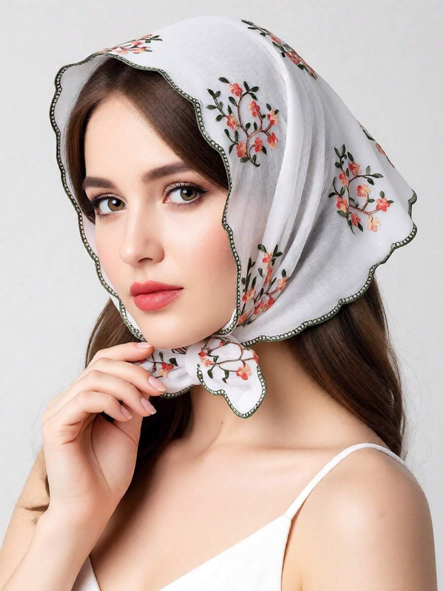 1pc Women's New Chinese Style Plum Blossom Embroidered Mesh Scarf, Vintage Lace Floral Trim Shawl, Versatile Headscarf - Multicolor - View 1