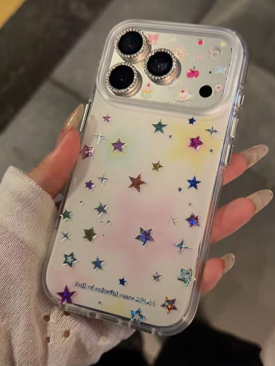 Funda protectora de silicona de doble capa con borde redondo, estampado de grafiti, brillo y estrellas de colores para iPhone 17 Pro Max/16/15/14/13, a prueba de golpes, adecuada para estilo coreano y japonés - Multicolor - Ver 1