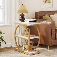 LITTLE TREE End Table With Storage Shelves, 3-Tier Wooden Industrial Sofa Side Table With Black Metal Frames For Living Room, Slim Nightstand And Bedside Table For Bedroom, White & Gold - 白色和金色 - 查看 3