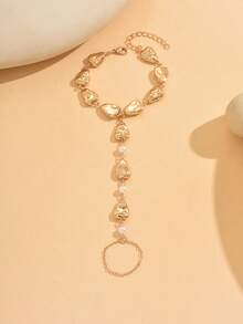 1 pieza Pulsera con cadena de dedo con corazón de metal y perla, accesorio de joyería versátil y de moda para mujeres, ideal para outfit de playa y vacaciones de verano, regalo ideal para novia o mejor amiga - Multicolor - Ver 2