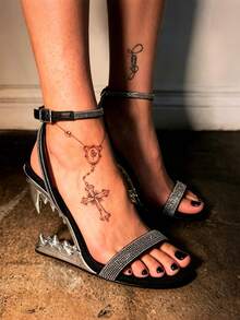 Women Sandals Strappy High Heels Round Open Toe Buckle Heels Shark Tiger Teeth Wedge Heels Sandals Slip-On Party Wedding Dress Shoes - 黑色 - 查看 10