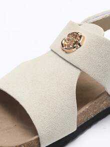 1 Pair Girls' Gold Floral Emblem Decor Faux Suede Upper, Rubber Sole With Soft Cork Midsole, Non-Slip Shock Absorbing Open Toe Hook And Loop Strap Flat Sandals, Fashionable Casual For Daily & Holiday Wear - Beige - View 6