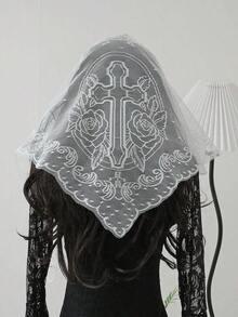 1pc Lace Floral Trim Wedding Veil Scarf, Fashion Breathable Lace Edge Church Headscarf - Cross - 查看 1