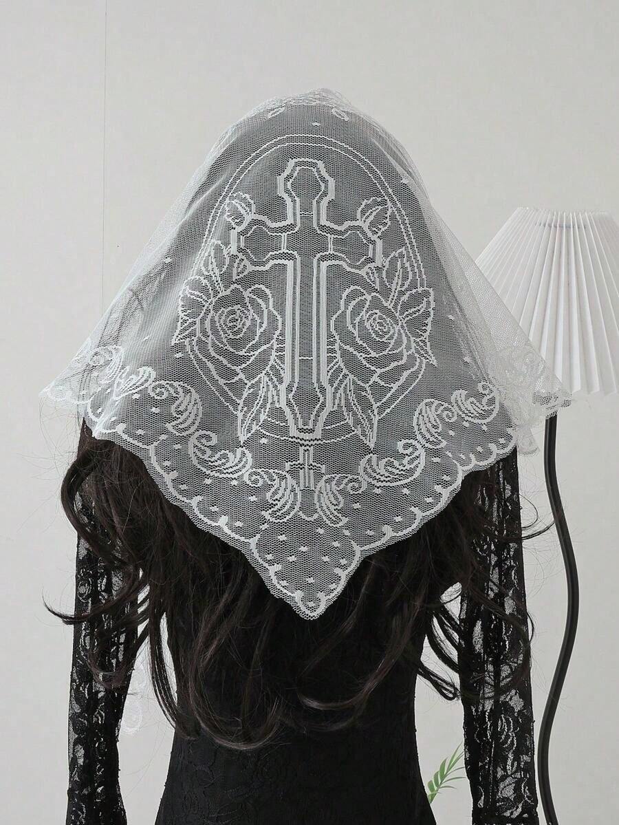 1pc Lace Floral Trim Wedding Veil Scarf, Fashion Breathable Lace Edge Church Headscarf - Cross - 查看 1