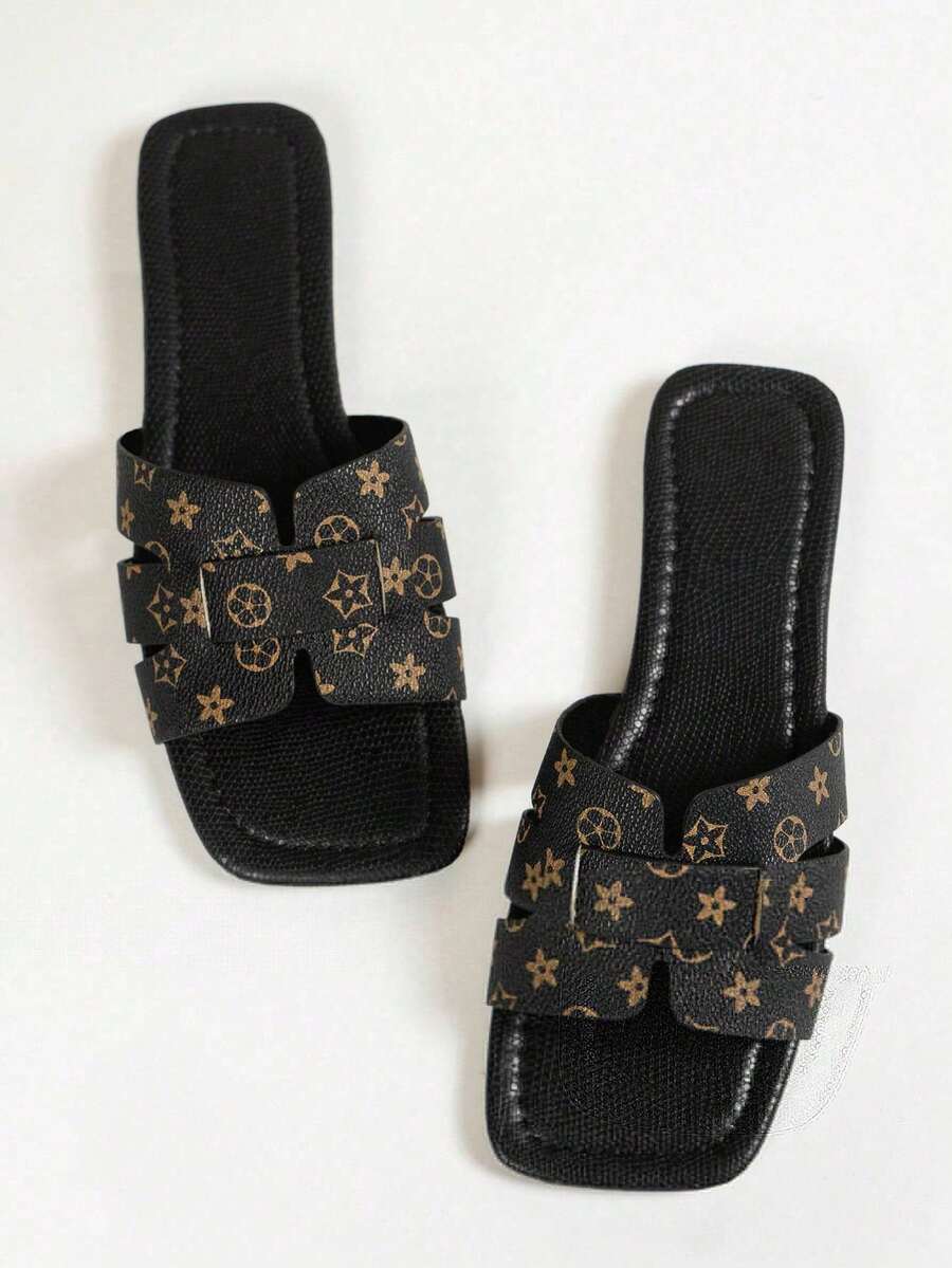 Women's Fashion Square Toe Flat Slippers, Versatile Ladies' Sandals For Spring And Summer - Black - View 1