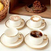 6pcs/Set Vintage Ribbed Coffee Cup And Saucer Set, Luxury Gold Rim Ceramic Espresso Cups, Viral Ins Style Elegant Tableware For Home Afternoon Tea, Office & Breakfast, Perfect Gift For Coffee Lovers - Multicolor - View 6
