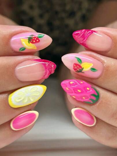 24-Piece 3D Three-Dimensional Strawberry Lemon Fake Nail Set, Almond-Shaped Pale Yellow Summer Fruit Fake Nails, Summer Fruit Theme, 3D Relief Design, Decorated With Cute Strawberry And Lemon Patterns, Reusable Fake Nails, Nail Decoration, Nail Art, Summer Nails, Suitable For Women For Summer Beach Vacations, Daily Commutes, Dates, Parties To Wear, And Also A Thoughtful Gift For Relatives And Friends Who Love Cute Fruit Style And 3D Three-Dimensional Nail Art.