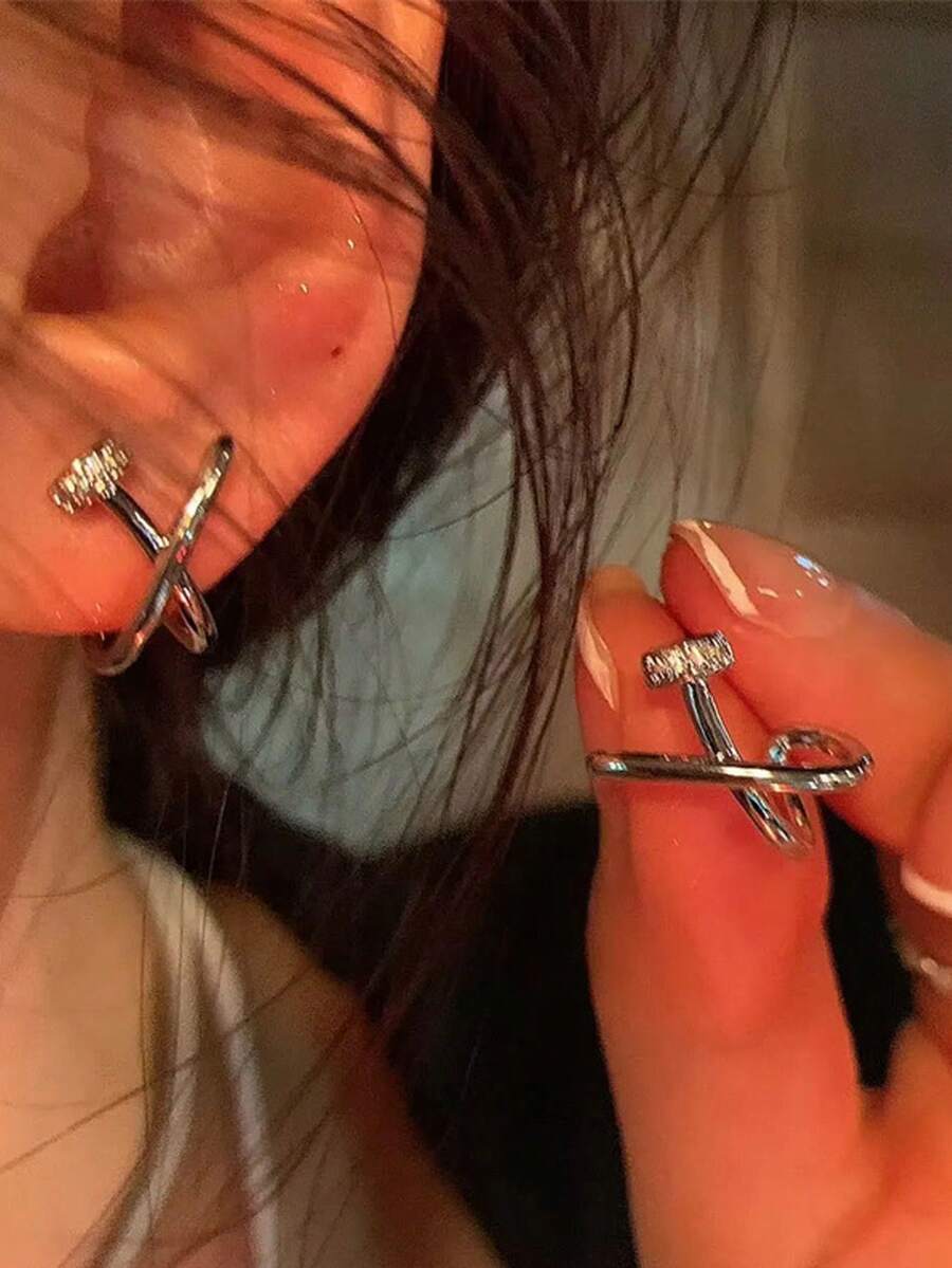 1件装交叉设计优雅耳环，适合圆脸/方脸女性的时尚耳环，2026新款 - 銀色 - 查看 1