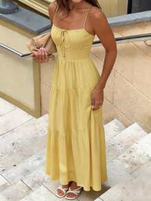 PoPoHouse 女士优雅长款连衣裙，性感露背系带荷叶边层叠飘逸吊带裙，适合休闲夏季海滩度假外出穿着，黄色连衣裙，女士款 - 黃色 - 查看 3