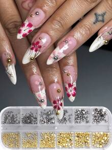 12 emplacements Décorations d'art pour ongles en acier demi-rond doré et argenté, stylo magnétique avec perles d'acier, petites perles d'acier inoxydable caviar, décorations de vernis à ongles avec micro-perles - Multicolore - Voir 15