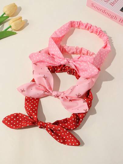 3条装女童简约蝴蝶结波点瑜伽运动弹力头带，吸汗