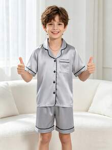2pcs Tween Boy Short Sleeve Shorts Pajama Set - Light Grey - View 3