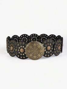 1pc Retro Bohemian Faux Leather Vintage Women Belt, All-Season Cowgirl Western Style Summer, School Fall, Autumn, Halloween - 黑色 - 查看 9