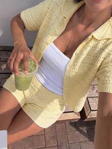 For Love & Bella Women's Casual Cute Single-Breasted Polo Collar Knit Cardigan And Shorts 2-Piece Set, Fashionable Hollow-Out Short Sleeve Street Style Summer Holiday Outfit, Suitable For Beach Dates, Holiday Afternoon Tea, And Home Wear Spring - Yellow - View 2