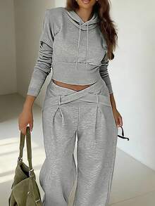 Women's Casual Fashion Long Sleeve Hoodie With Waist Splice Design And Loose Fit Sweatpants, 2 Pieces Set, Grey - Flower Grey - View 3