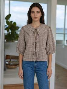 Women's Cute Countryside Vacation Style Printed Petal Sleeve Tie Front Blouse, Summer - Coffee Brown - View 5