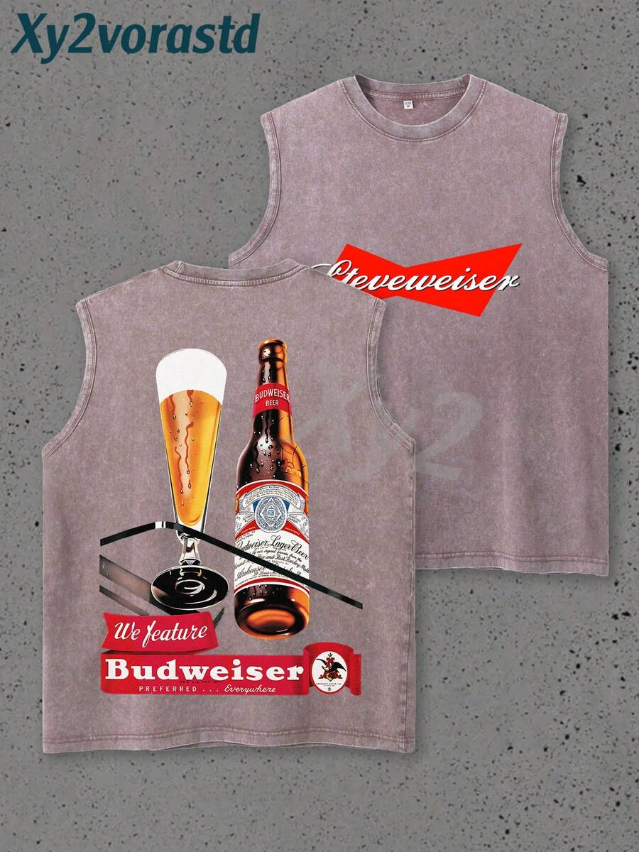 "King Of Beer"Y2K Style Streetwear Men's Tank Top (220g Pure Cotton), Hip-Hop Cyberpunk Style Sleeveless Double-Side Printed Graphic T Shirts, Vintage Pattern Fun Print, Hip-Hop Style, Men's Summer Round Neck Short-Sleeved Casual T-Shirt For The Beach, Summer Streetwear. Holiday Gift. - 咖啡棕 - 查看 1