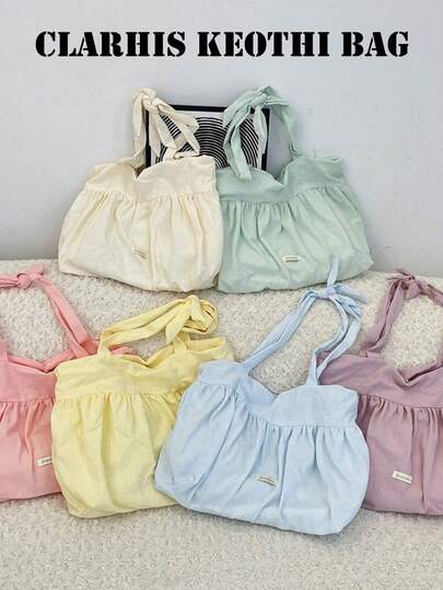Solid Color Pleated Fabric Tote Bag, Minimalist Bow Tie Shoulder Bag, Shoulder Strap Can Be Tied Into A Gentle Bow Shape, Multiple Colors Available, Suitable For Students, Commuting, Shopping, Short Trips And Other Occasions