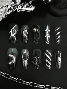 10 adesivos de unhas artesanais, unhas postiças, acessórios para unhas, formato de caixão, desenhos pintados à mão e em relevo 3D como cruz, caveira, lua, olhos, decoração com strass, base preta com glitter e detalhes prateados, ideais para estilos gótico, punk, subculturas, festas e uso diário. Acompanha cola e lixa de unha. Ótimo para o Dia das Mães, formatura e férias. - Preto - Ver 1